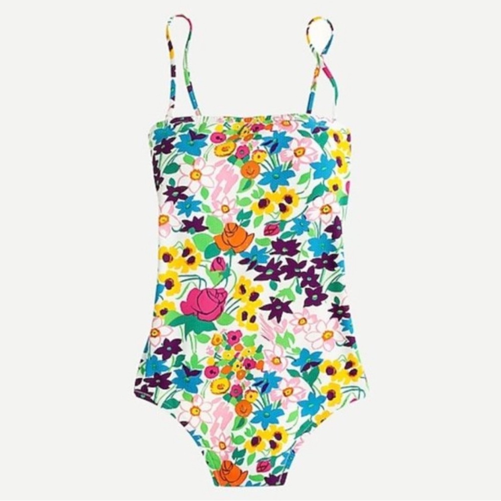 J.Crew women’s swimsuit floral bandeau one-piece vibrant garden piqué 10 Large L